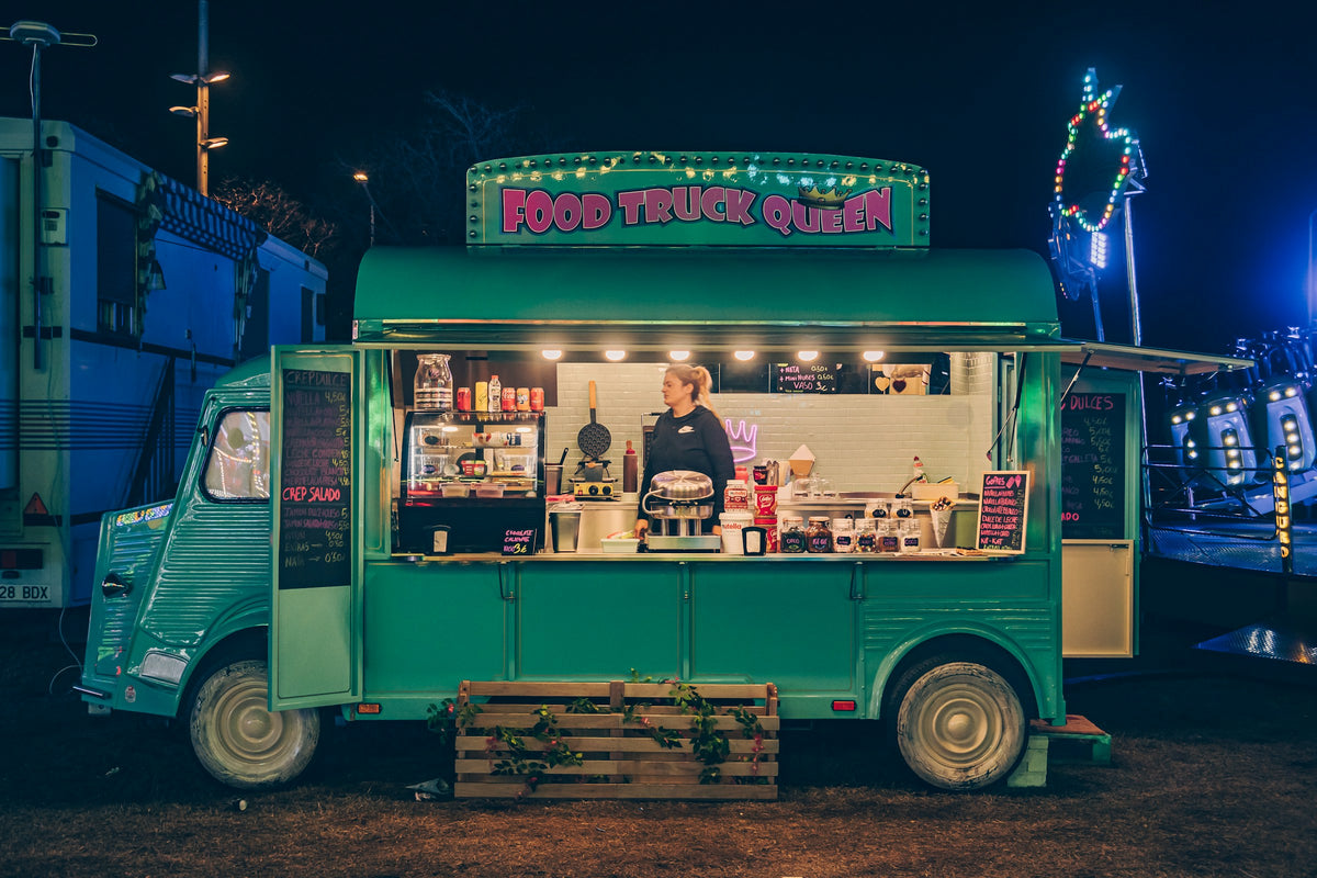 Food truck lit up at night
